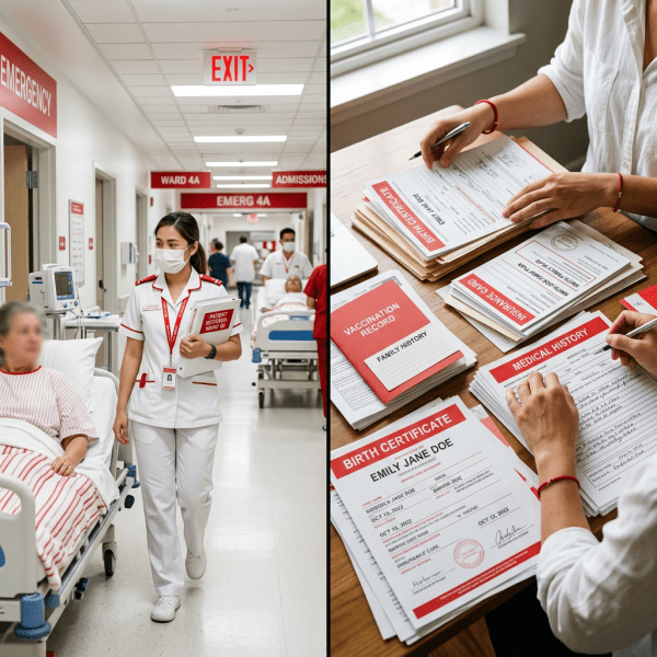 Nurse walking in hospital hallway and medical documents on table