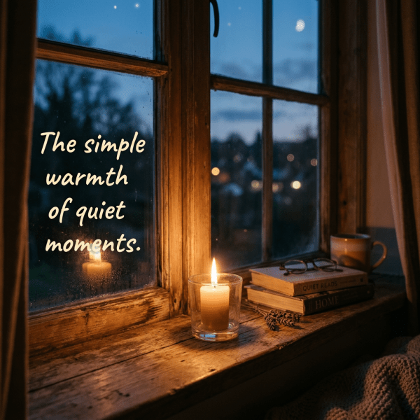 Candle burning on wooden windowsill with books and glasses at dusk