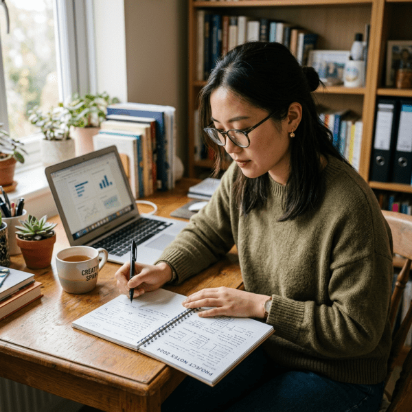 Asian woman reviewing notebook at desk